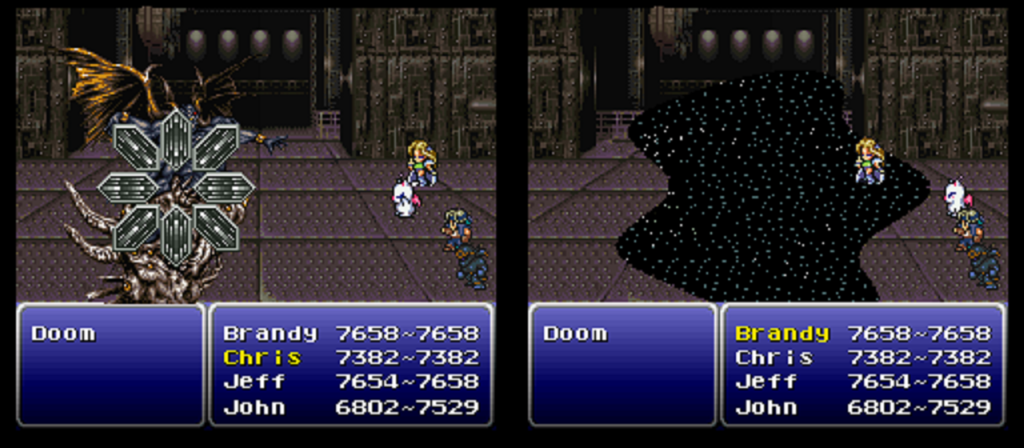 Two shots from Final Fantasy VI showing the spell Vanish and X-Zone being used against the boss Doom.