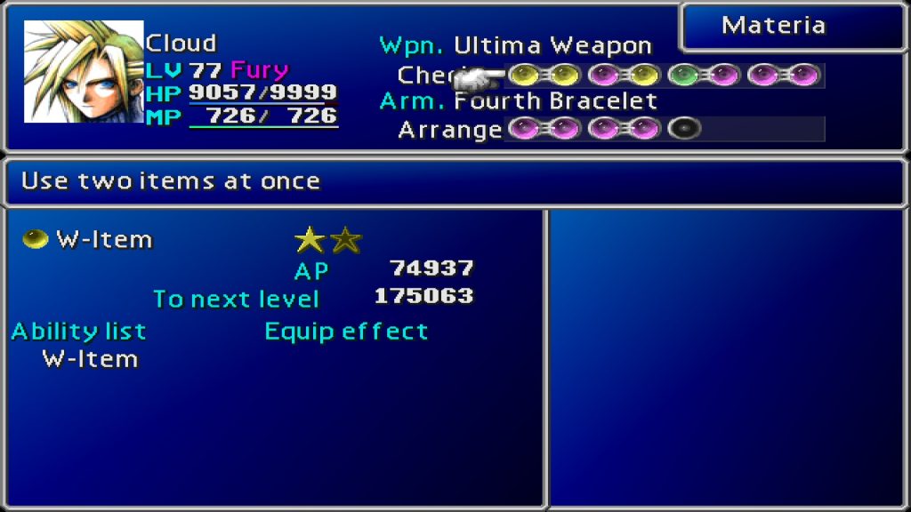 A picture of the materia menu from Final Fantasy VII and the materia W-Item.  