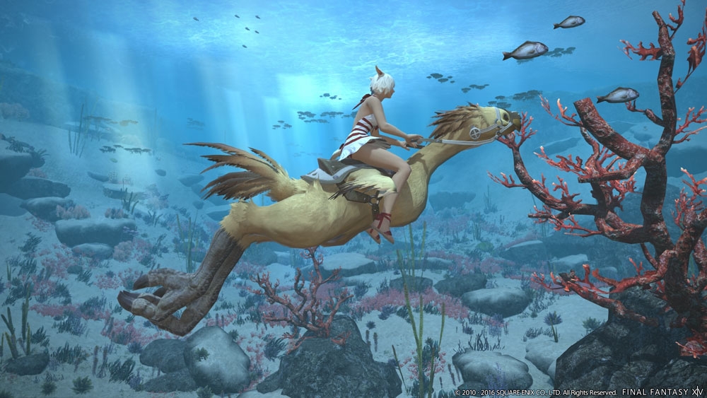 An undersea view, featuring a player riding a chocobo.