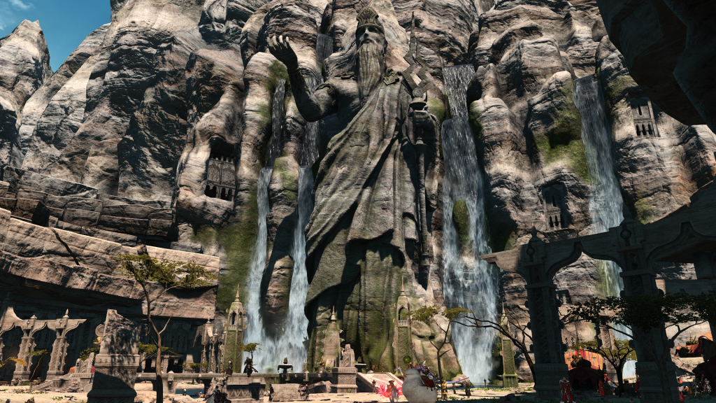 A stunning view of Rhalgr's Reach and the massive statue of the deity.